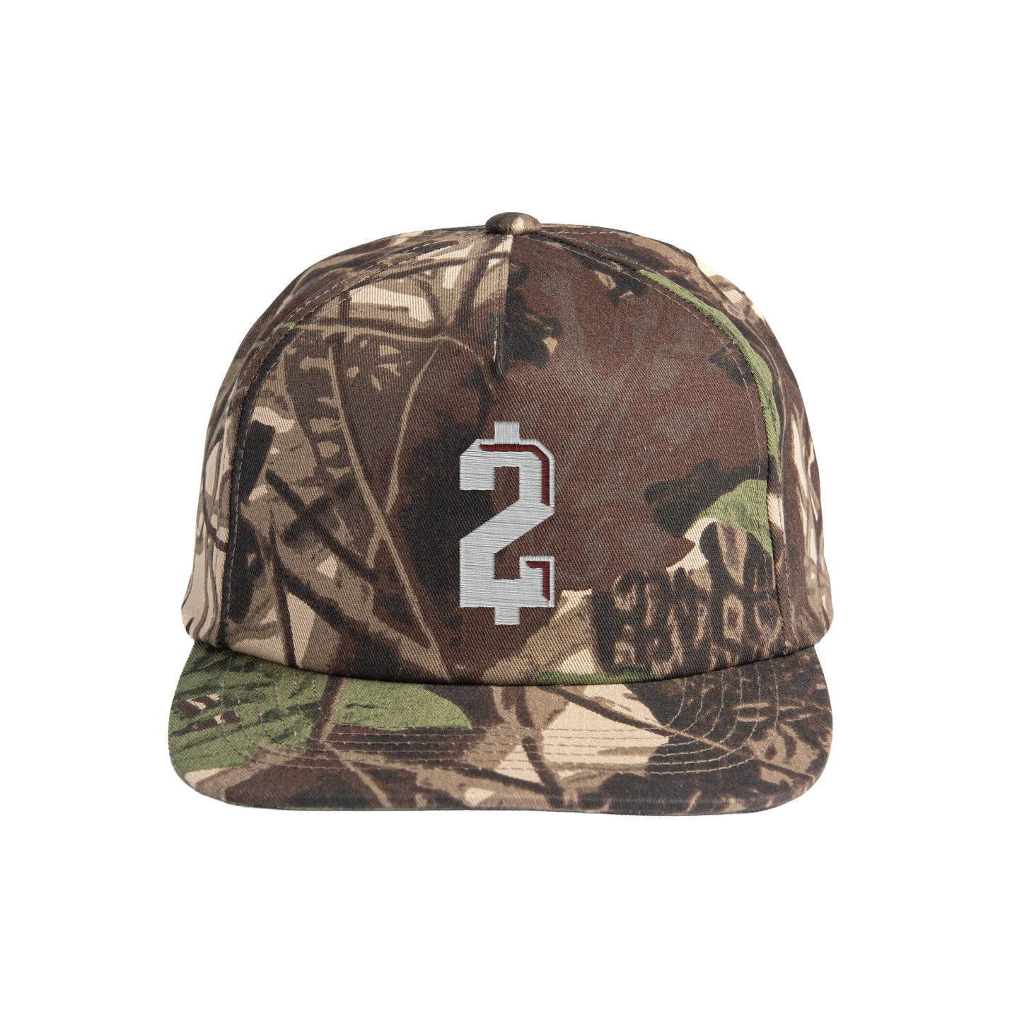 Camo snapback hat featuring raised $2 embroidery on front, adjustable back, and rugged outdoor style, official Johnny Manziel merch.