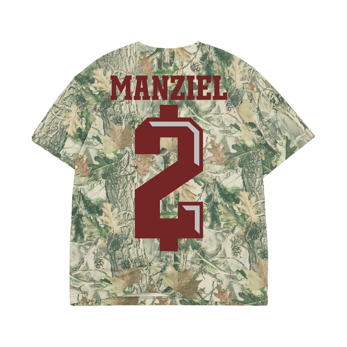 Camo Johnny Manziel $2 T-shirt with front and back print, oversized fit, soft cotton fabric, hunting-inspired design, official merch.