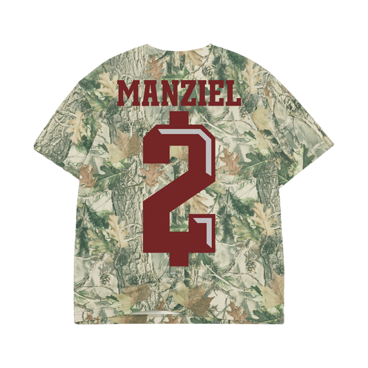 Camo Johnny Manziel $2 T-shirt with front and back print, oversized fit, soft cotton fabric, hunting-inspired design, official merch.