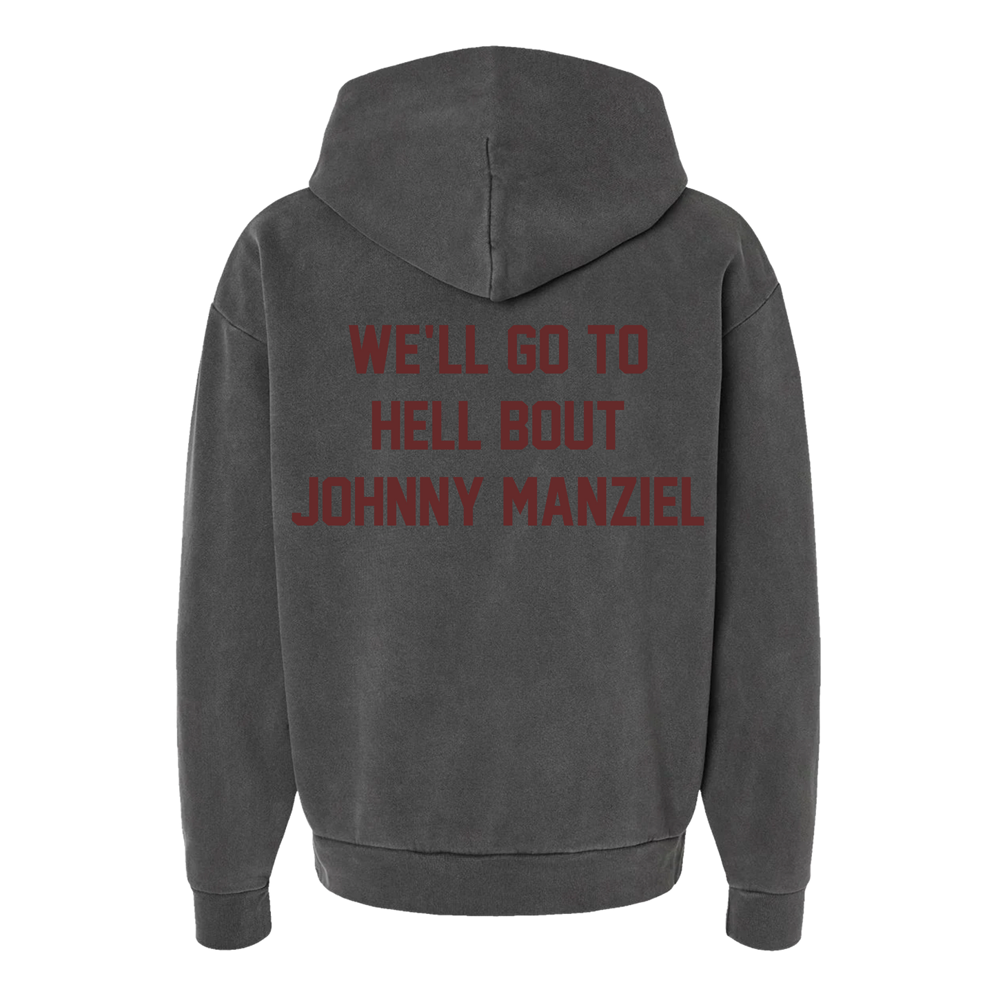 Vintage Black hoodie with “We’ll Go To Hell Bout Johnny Manziel” text on back and $2 logo on front, oversized fit, official merch.