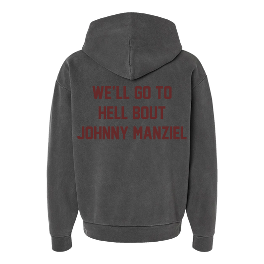 Vintage Black hoodie with “We’ll Go To Hell Bout Johnny Manziel” text on back and $2 logo on front, oversized fit, official merch.