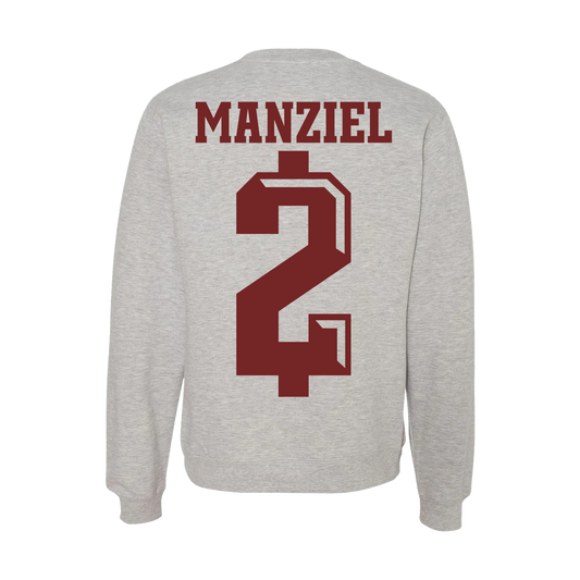 Johnny Manziel $2 crewneck sweatshirt — light gray pullover with maroon #2 graphics front and back, official Johnny Football apparel.