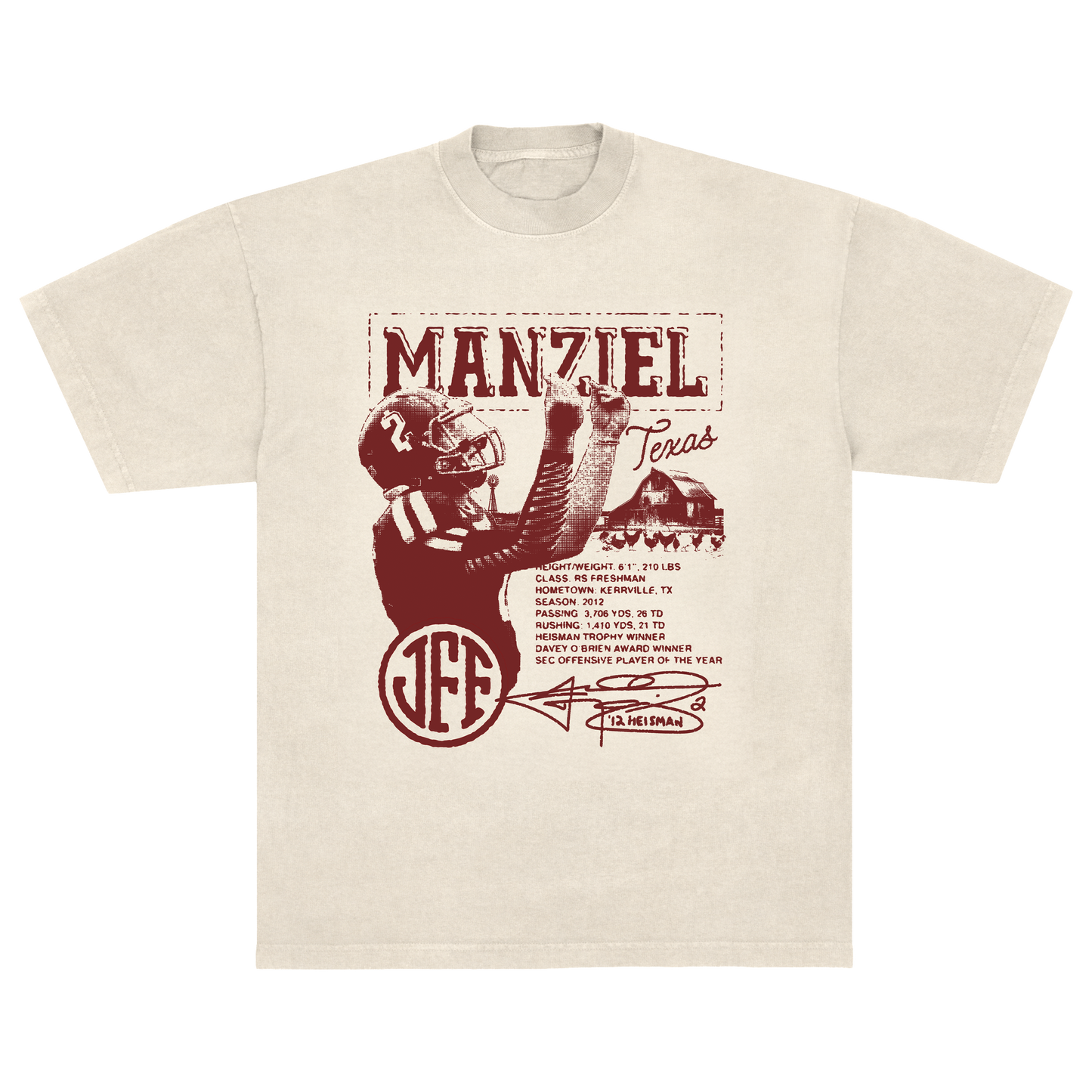 Cream-colored Johnny Manziel 2012 stats T-shirt featuring illustrated football graphic and Heisman-era design, official merch.