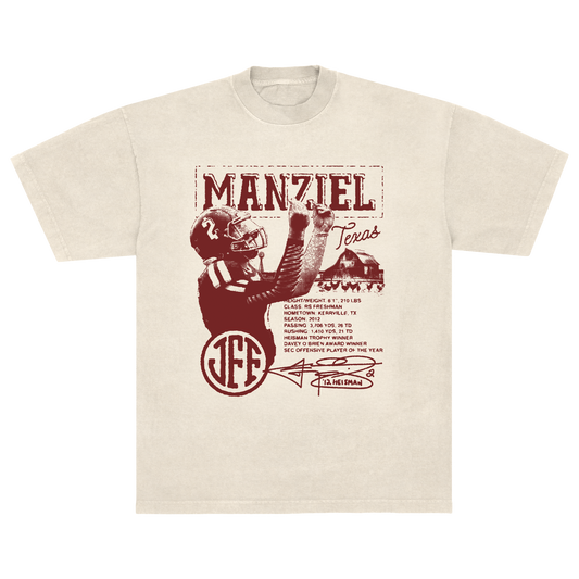 Cream-colored Johnny Manziel 2012 stats T-shirt featuring illustrated football graphic and Heisman-era design, official merch.