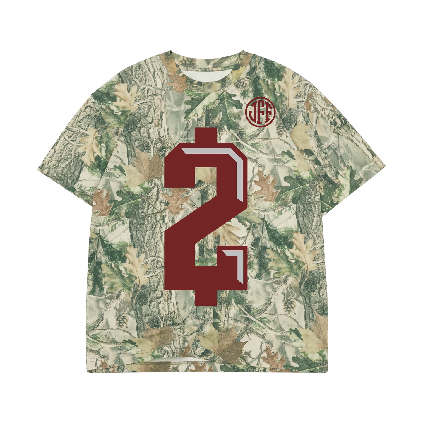 Camo Johnny Manziel $2 T-shirt with front and back print, oversized fit, soft cotton fabric, hunting-inspired design, official merch.
