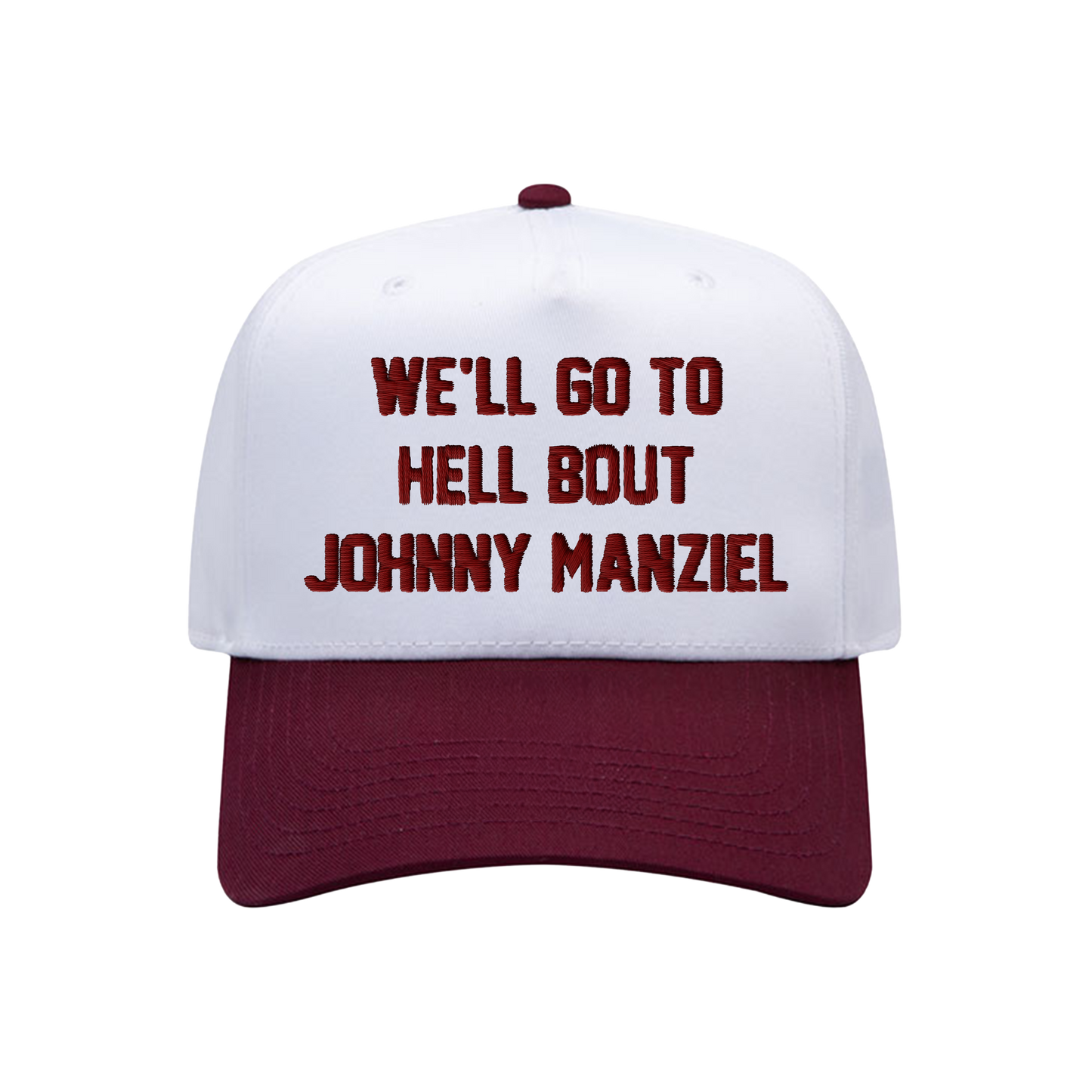 White and maroon snapback hat with “We’ll Go To Hell Bout Johnny Manziel” embroidered on front and $2 on back, official Johnny Football cap. Inspired by Drake's jacket.