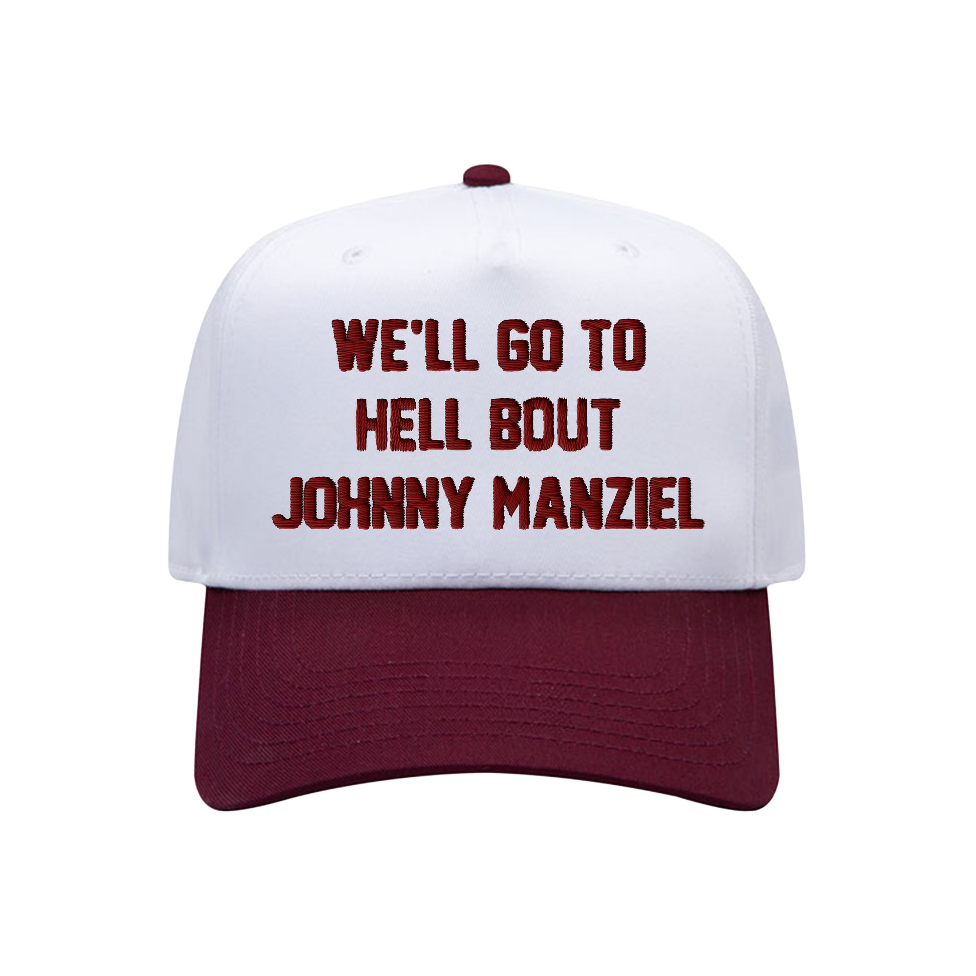 White and maroon snapback hat with “We’ll Go To Hell Bout Johnny Manziel” embroidered on front and $2 on back, official Johnny Football cap. Inspired by Drake's jacket.