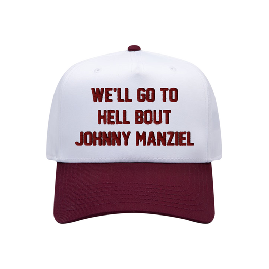 White and maroon snapback hat with “We’ll Go To Hell Bout Johnny Manziel” embroidered on front and $2 on back, official Johnny Football cap. Inspired by Drake's jacket.