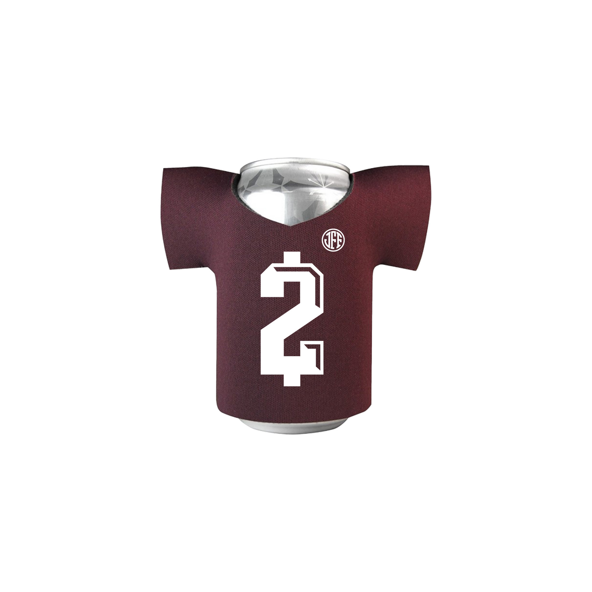 Johnny Manziel $2 jersey can cooler — maroon drink sleeve shaped like a football jersey, official Johnny Football merch.