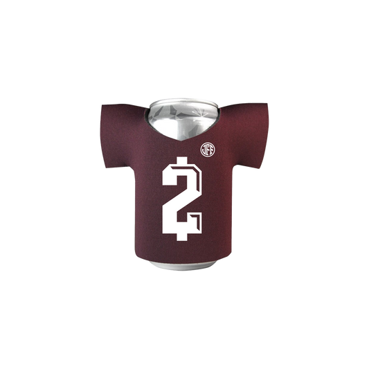 Johnny Manziel $2 jersey can cooler — maroon drink sleeve shaped like a football jersey, official Johnny Football merch.