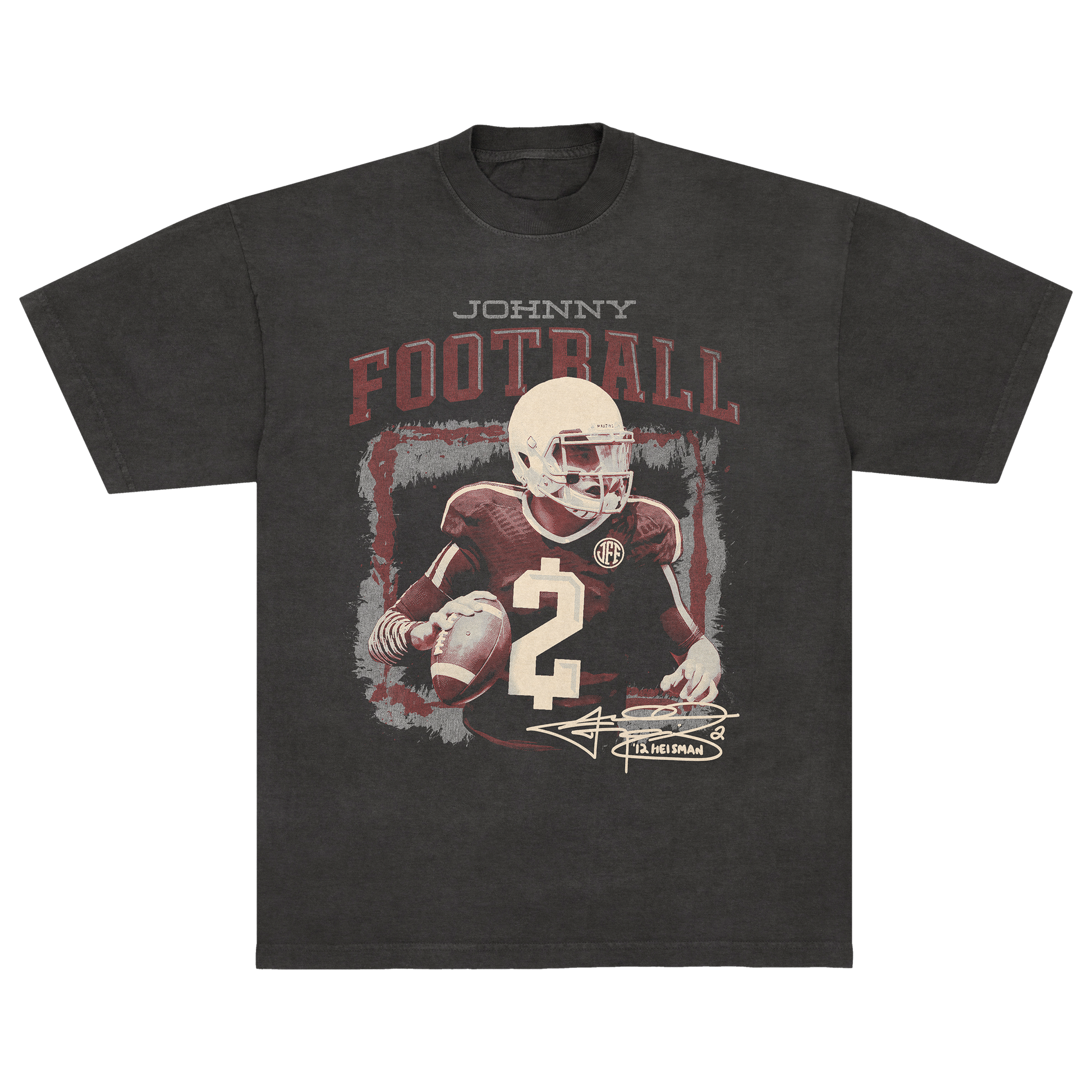 Vintage-style Johnny Manziel “Johnny Football” T-shirt in washed black with retro $2 in-game graphic, official Johnny Football apparel.