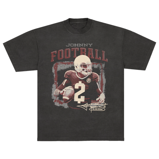 Vintage-style Johnny Manziel “Johnny Football” T-shirt in washed black with retro $2 in-game graphic, official Johnny Football apparel.