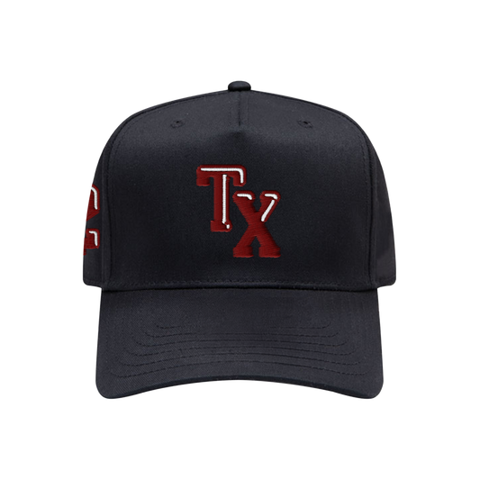 Black snapback hat with Maroon “TX” "$2" and “Johnny Football” embroidery, structured mid-profile design, official Johnny Manziel hat.