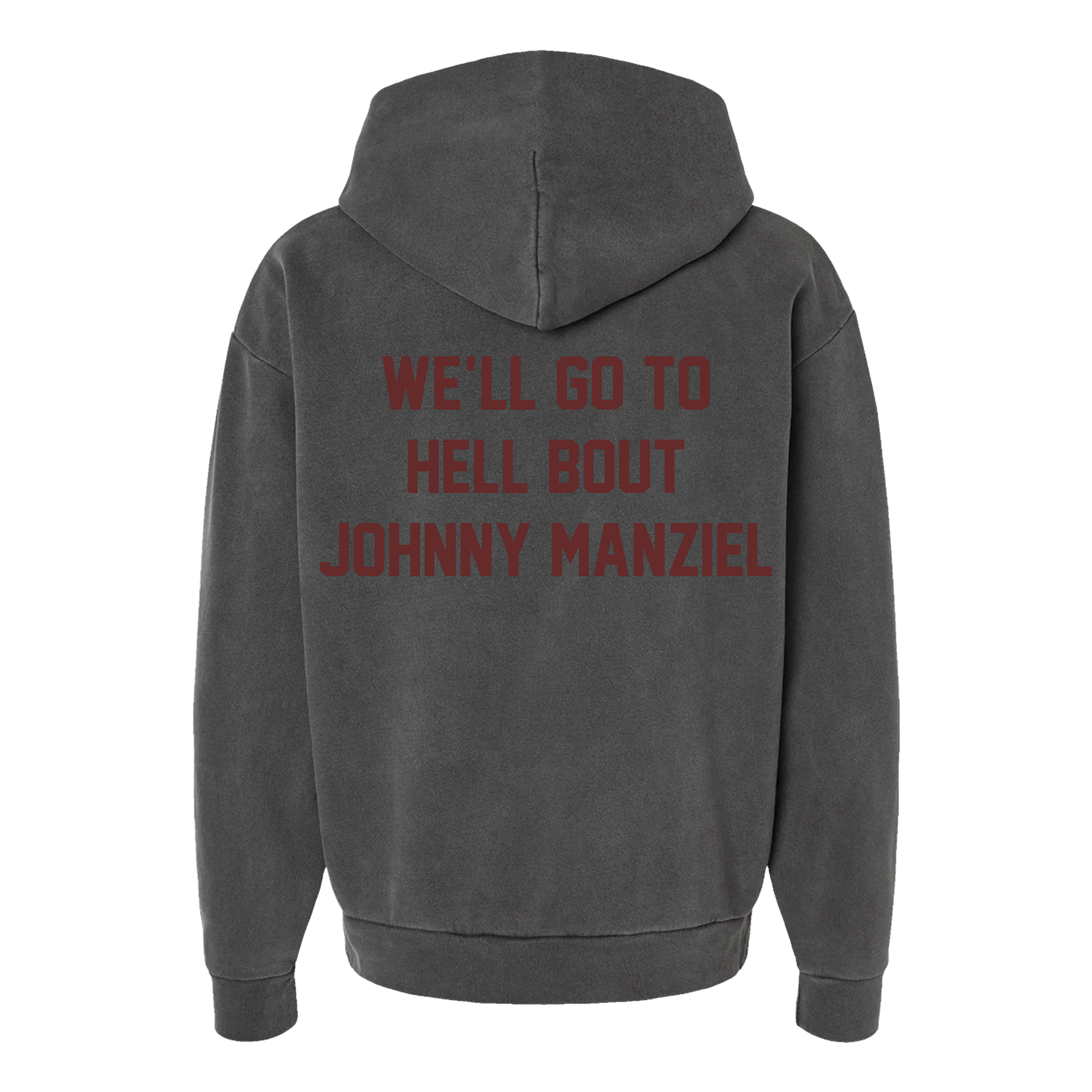Vintage Black hoodie with “We’ll Go To Hell Bout Johnny Manziel” text on back and $2 logo on front, oversized fit, official merch.