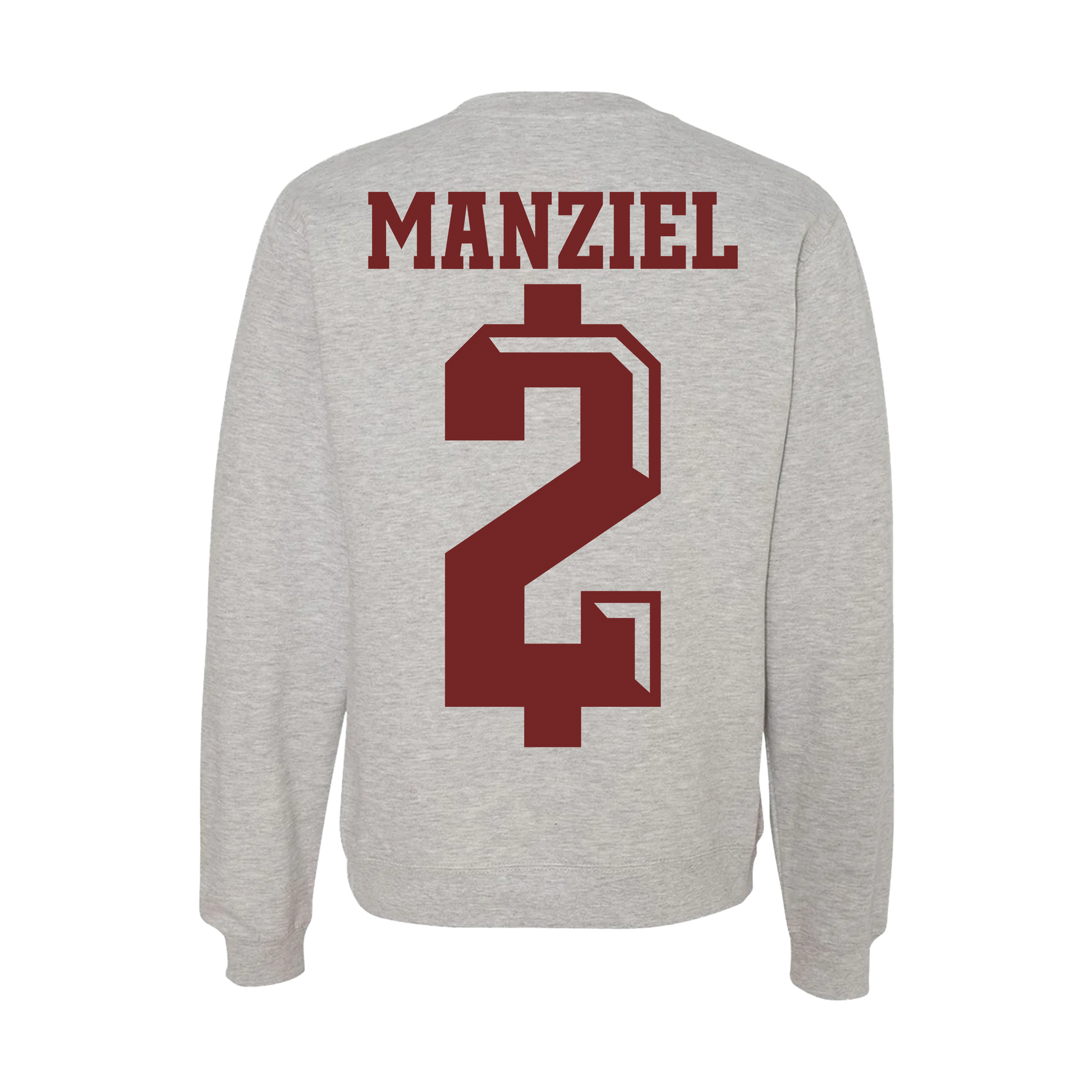 Johnny Manziel $2 crewneck sweatshirt — light gray pullover with maroon #2 graphics front and back, official Johnny Football apparel.