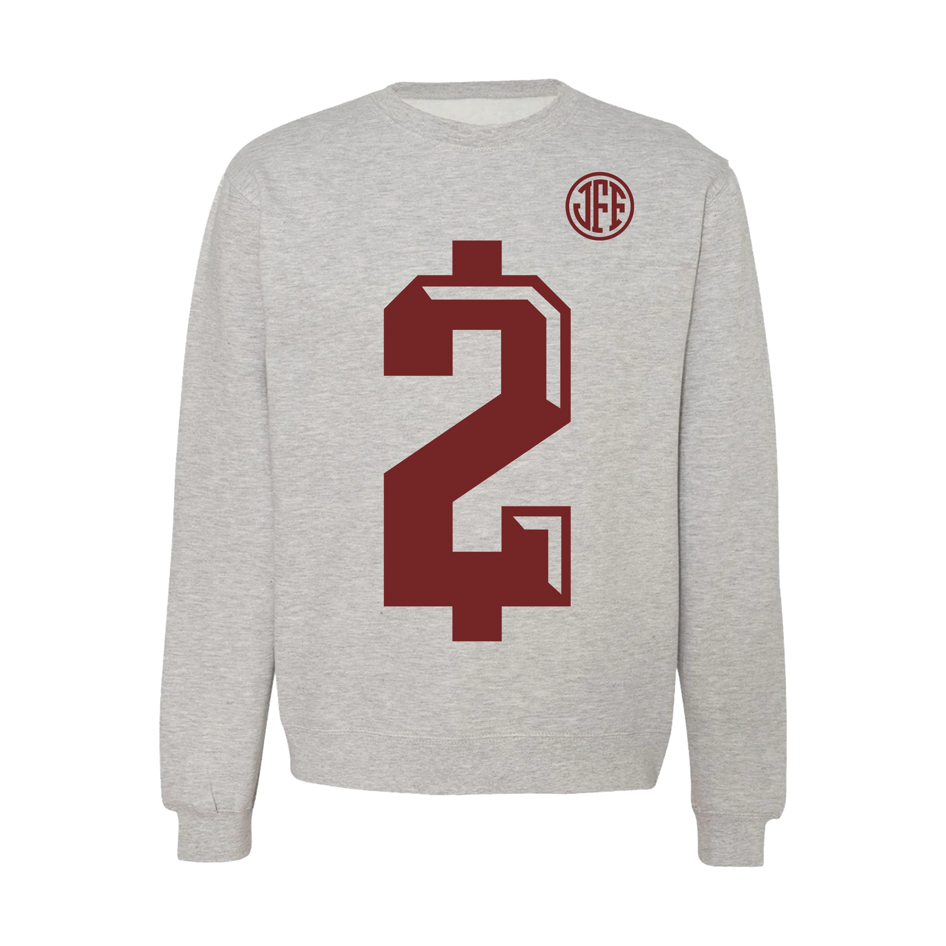 Johnny Manziel $2 crewneck sweatshirt — light gray pullover with maroon #2 graphics front and back, official Johnny Football apparel.