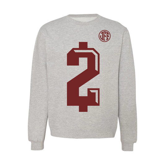 Johnny Manziel $2 crewneck sweatshirt — light gray pullover with maroon #2 graphics front and back, official Johnny Football apparel.
